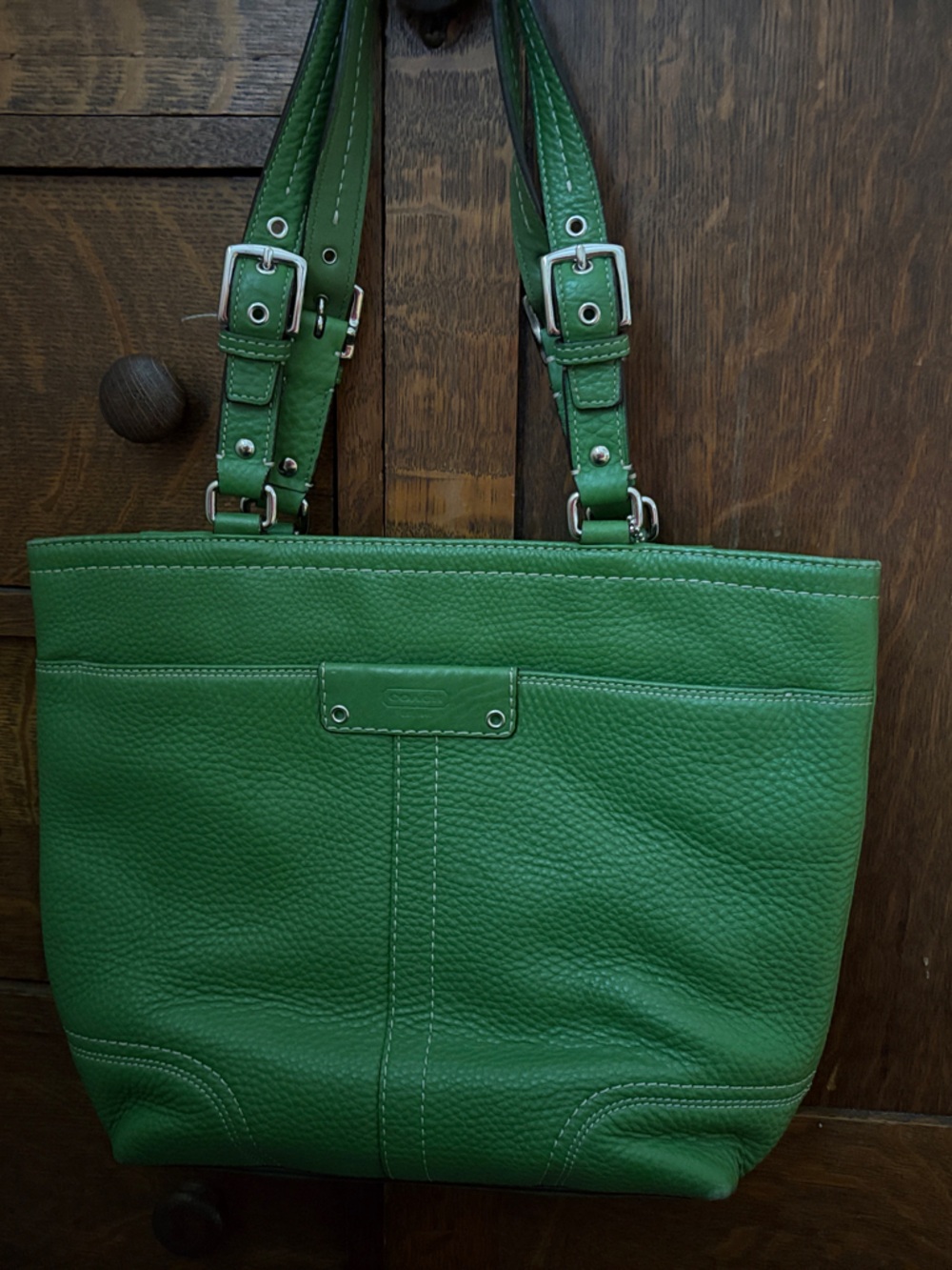 Coach Green Leather Shoulder Tote with Adjustable Straps